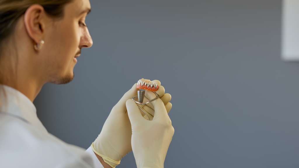 Dentist holding a dental implant model during a consultation in West Palm Beach
