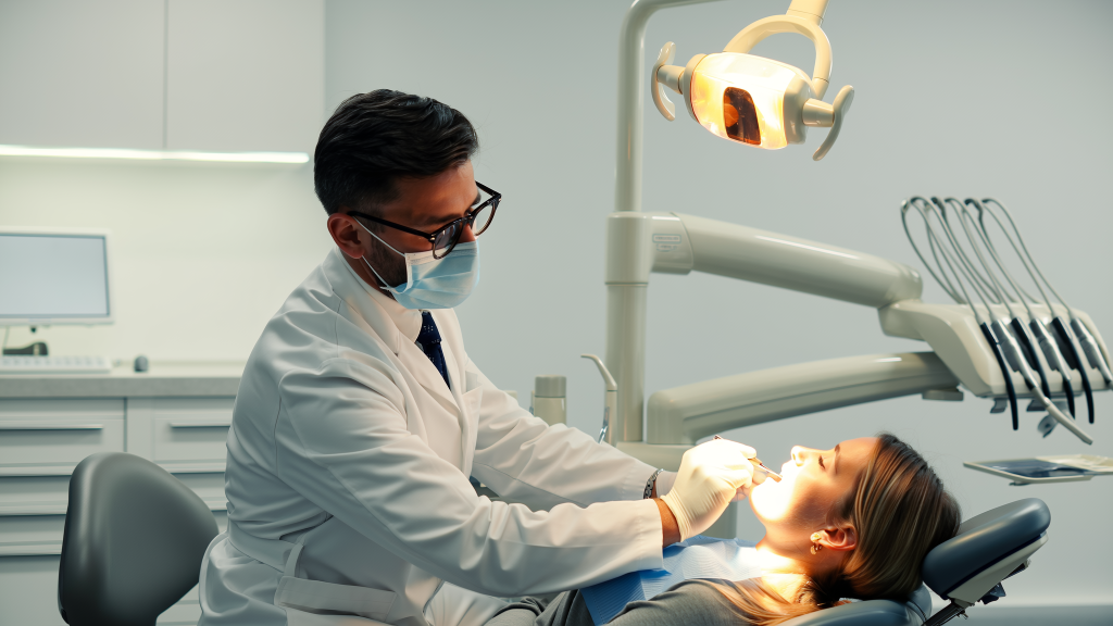 Dentist examining a patient before dental implant treatment in West Palm Beach
