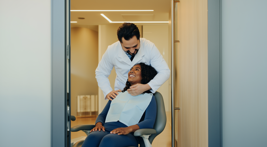 Emergency dentist reassuring a relieved patient at a West Palm Beach dental office