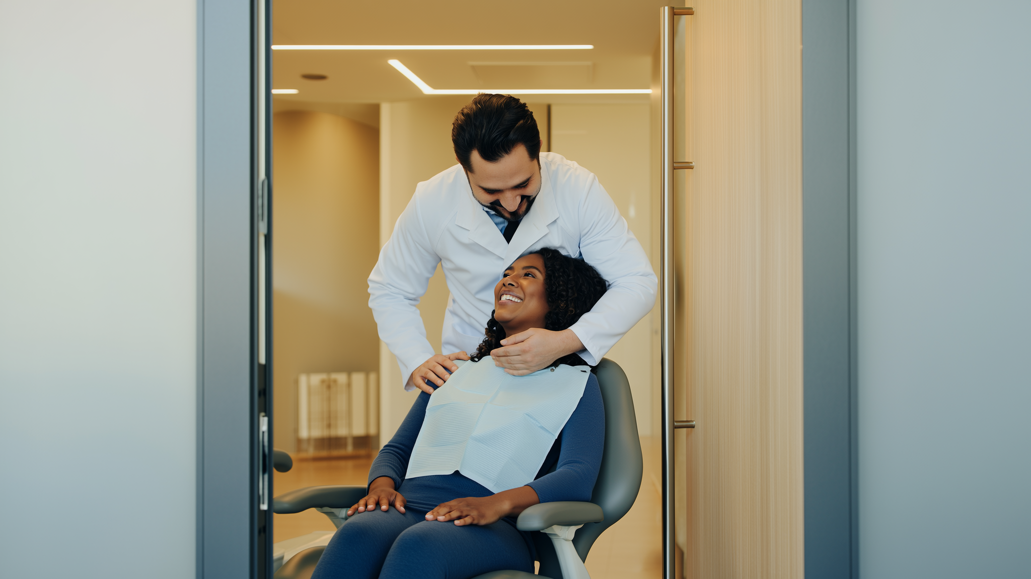 Emergency dentist reassuring a relieved patient at a West Palm Beach dental office