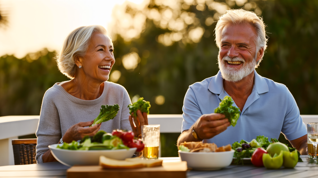 Senior couple eating and smiling confidently after getting dental implants