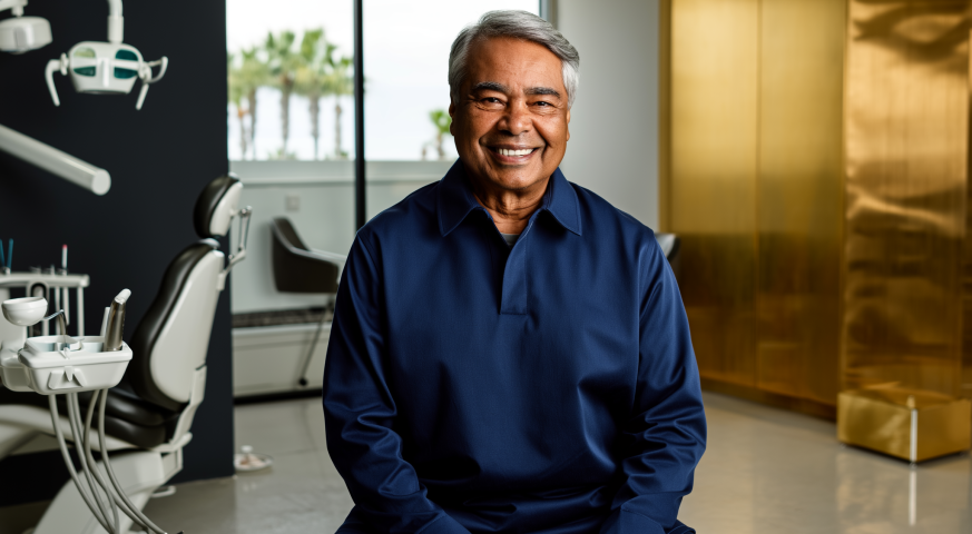 Confident senior man smiling with a full restored smile after All-on-4 dental implants in West Palm Beach