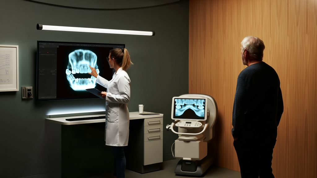 Dentist reviewing a 3D digital jaw scan to plan All-on-4 dental implant placement in West Palm Beach