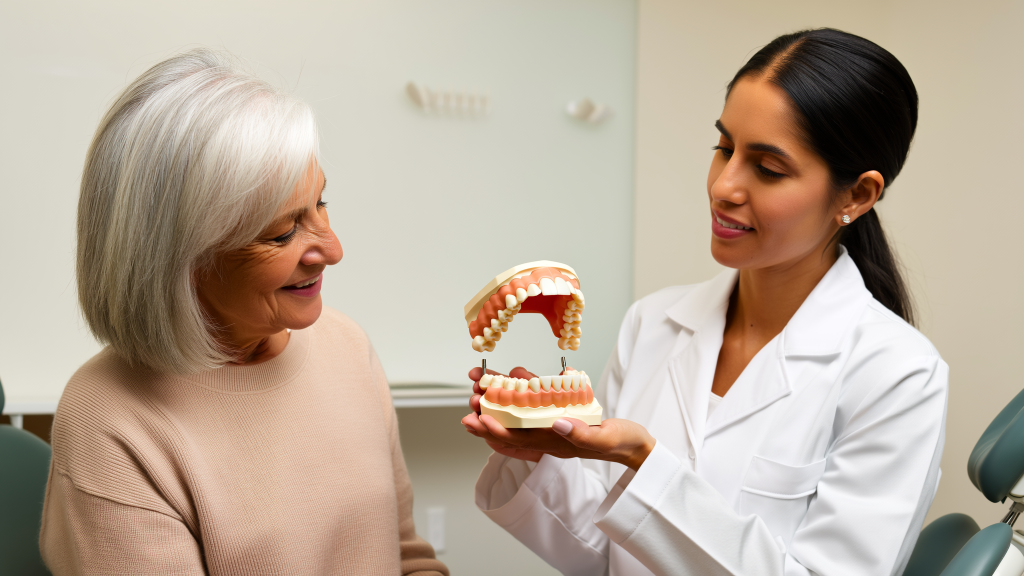 Dentist showing a full arch All-on-4 dental implant model to a patient in West Palm Beach