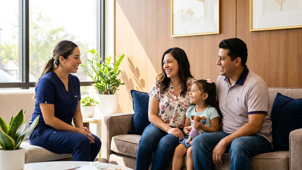 Bilingual dental team member talking with a happy Hispanic family in a Lake Worth dental office
