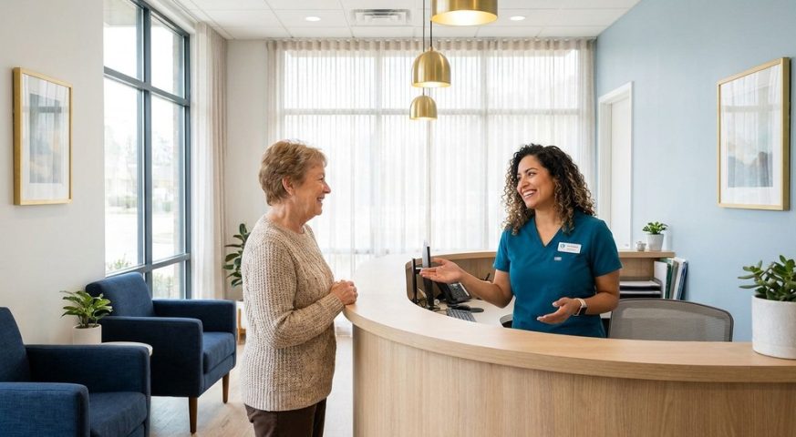 Bilingual receptionist greeting a patient in Spanish at a Lake Worth dental office