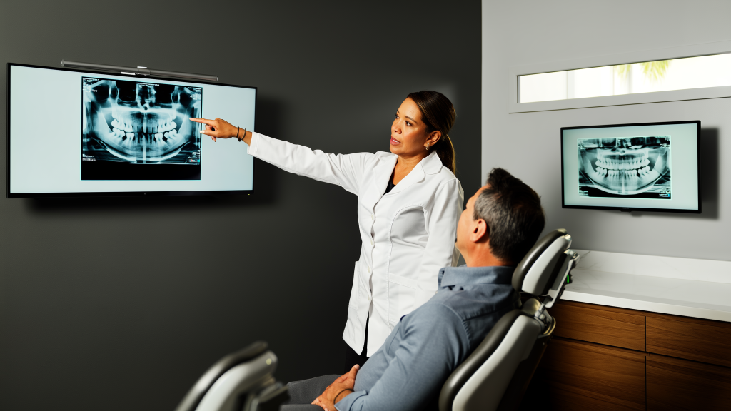 Dentist reviewing digital dental X-rays with a patient during a low cost exam in West Palm Beach