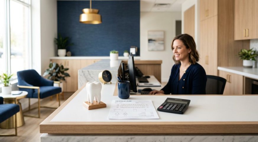 Dental office reception in Lake Worth with a tooth model, treatment plan and calculator showing dental costs