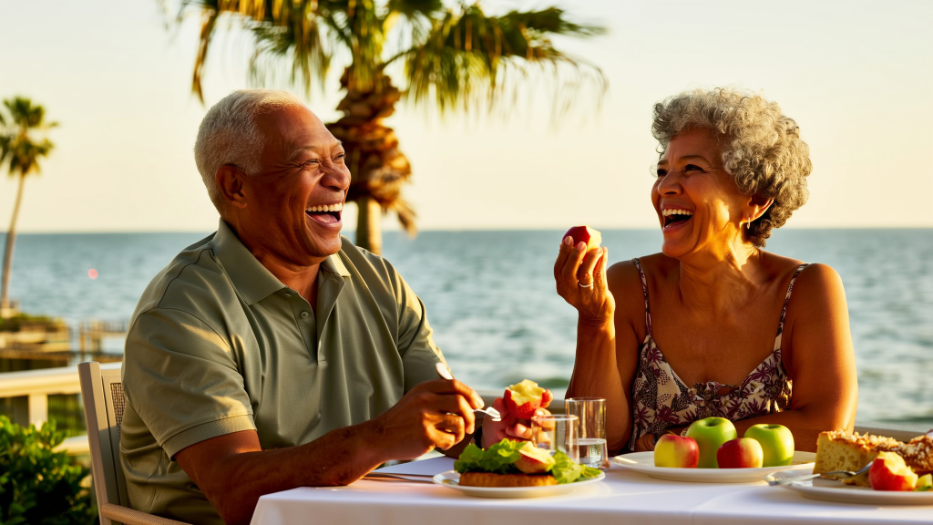 Senior couple eating apples and laughing confidently after All-on-4 dental implants in West Palm Beach
