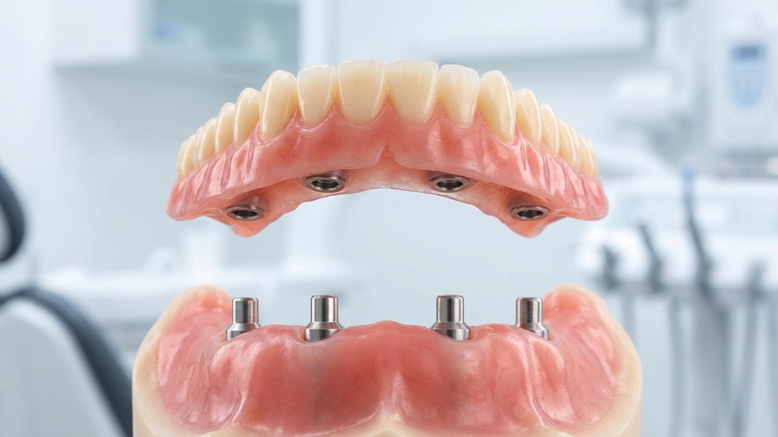 Overdenture model showing the snap-on attachments over dental implants