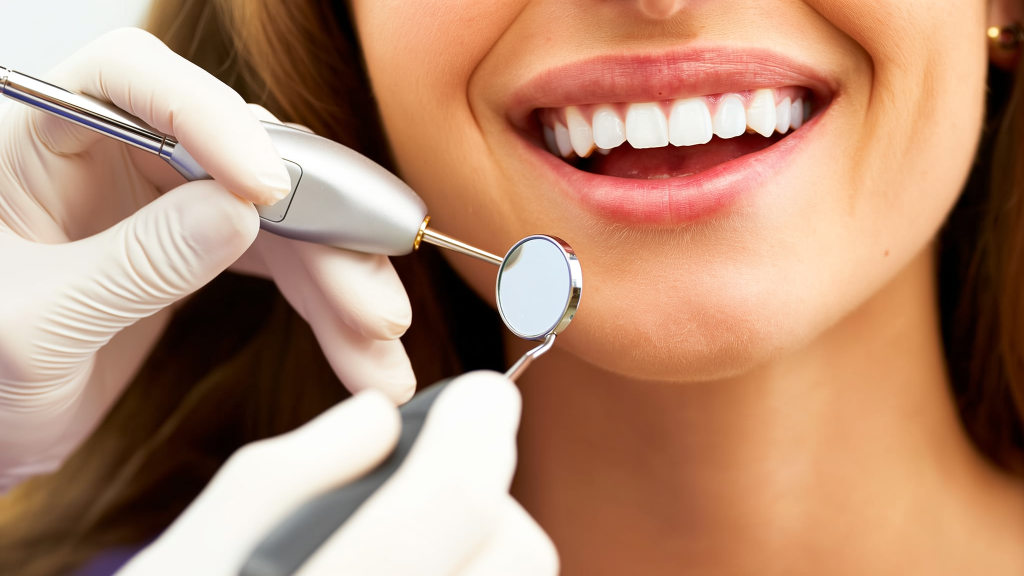 Close-up of an affordable professional teeth cleaning in West Palm Beach showing plaque removal tools