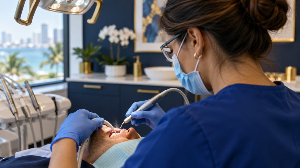 Hygienist performing a deep cleaning with an ultrasonic scaler for a patient in Lake Worth, FL