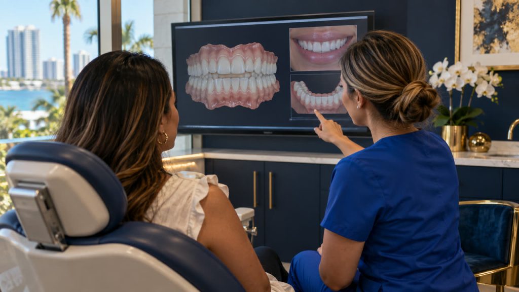 Dentista mostrando a una paciente la vista previa digital de su diseño de sonrisa con carillas en Lake Worth