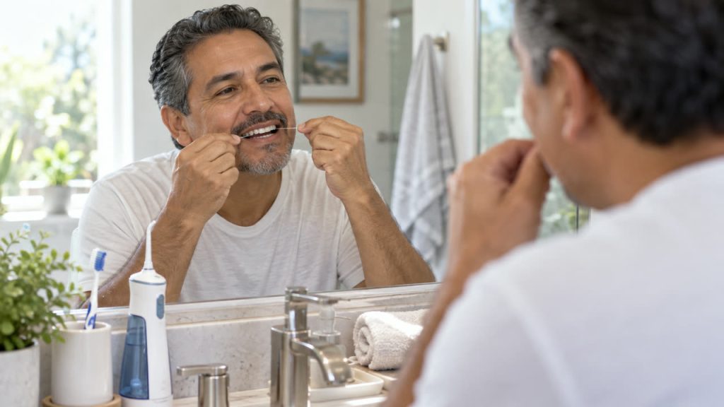 Man flossing at home to keep his gums healthy after gum disease treatment in Lake Worth