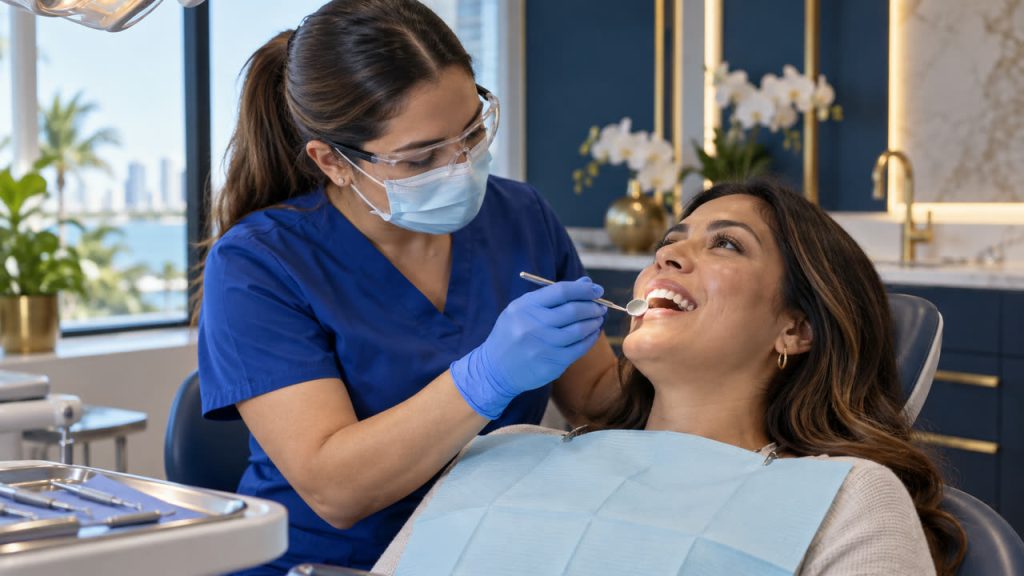Dental hygienist checking a patient's gums during a gum disease evaluation in Lake Worth, FL