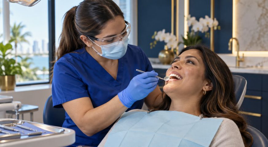 Dental hygienist checking a patient's gums during a gum disease evaluation in Lake Worth, FL