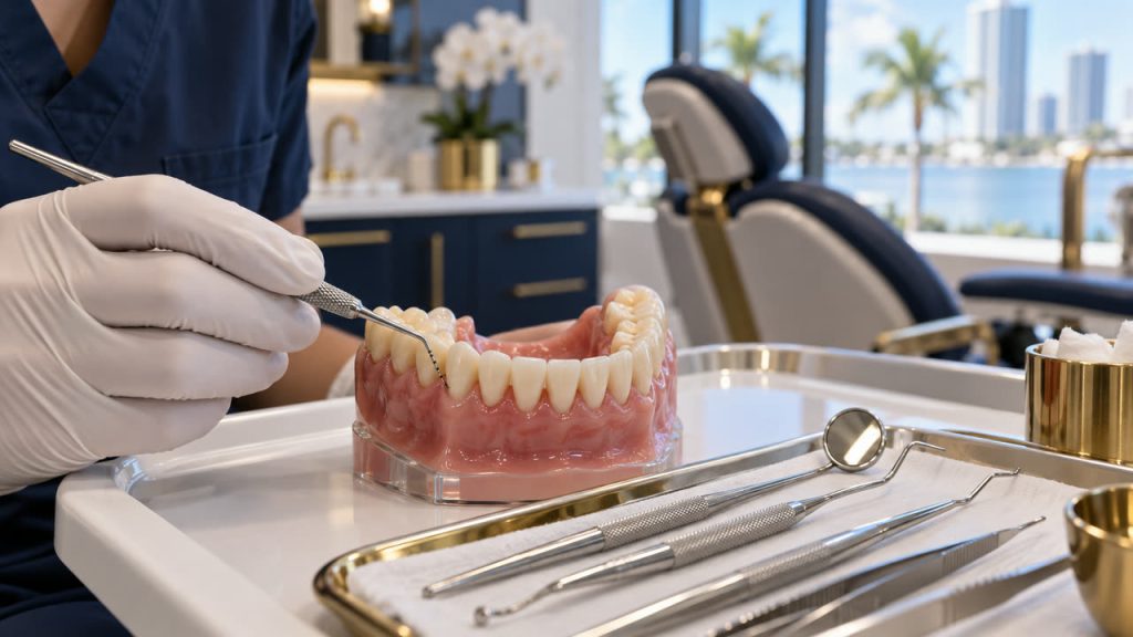 Periodontal probe measuring gum pocket depth on a dental model at a Lake Worth dental office